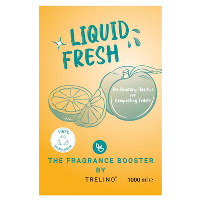 Produktetikett für Urinbehälterzusatz für Trenntoiletten "Liquid Fresh" von Trelino, mit Zitrusabbildungen, Symbol für 100 % biologische Abbaubarkeit und Text zur Hervorhebung der geruchsneutralisierenden Frische, 1000