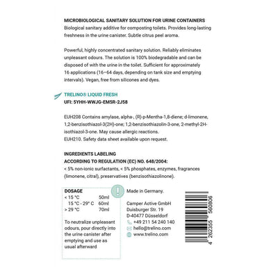 Etikett für Urinbehälterzusatz für Trenntoiletten "Liquid Fresh" zeigt Produktbeschreibung, Dosierungstabelle, Inhaltsstoffe, Firmeninfo; neutralisiert Gerüche als biologischer Sanitärzusatz; enthält Recycling-Symbole und Barcode auf weiß mit grün/schwarzer Schrift.
