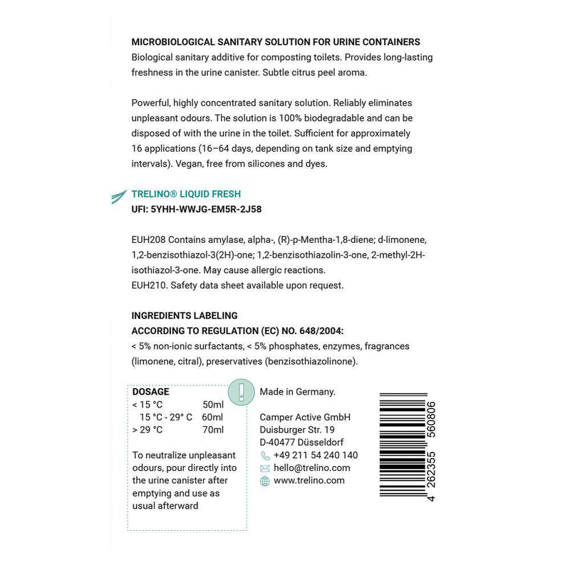 Etikett für Urinbehälterzusatz für Trenntoiletten "Liquid Fresh" zeigt Produktbeschreibung, Dosierungstabelle, Inhaltsstoffe, Firmeninfo; neutralisiert Gerüche als biologischer Sanitärzusatz; enthält Recycling-Symbole und Barcode auf weiß mit grün/schwarzer Schrift.